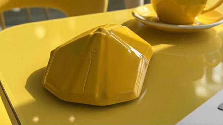 Yellow geometric object on a yellow table with a cup of coffee in the background